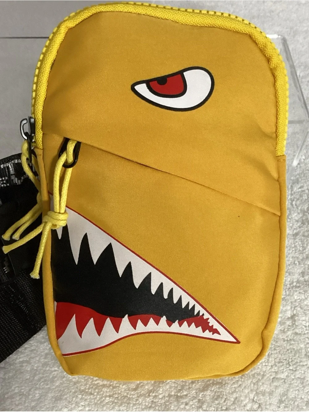 Monster Shark Face Graphic Yellow Nylon Fashion Crossbody Bag EUC Black Strap